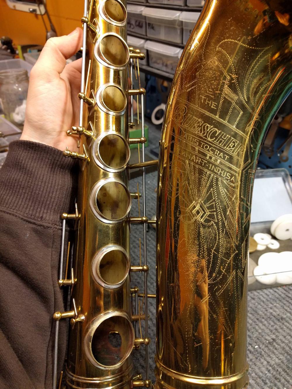 Buescher Aristocrat with the exceptionally rare 'Improved Method' soldered toneholes. I have only seen this once, I think. There is a video on my YouTube channel.