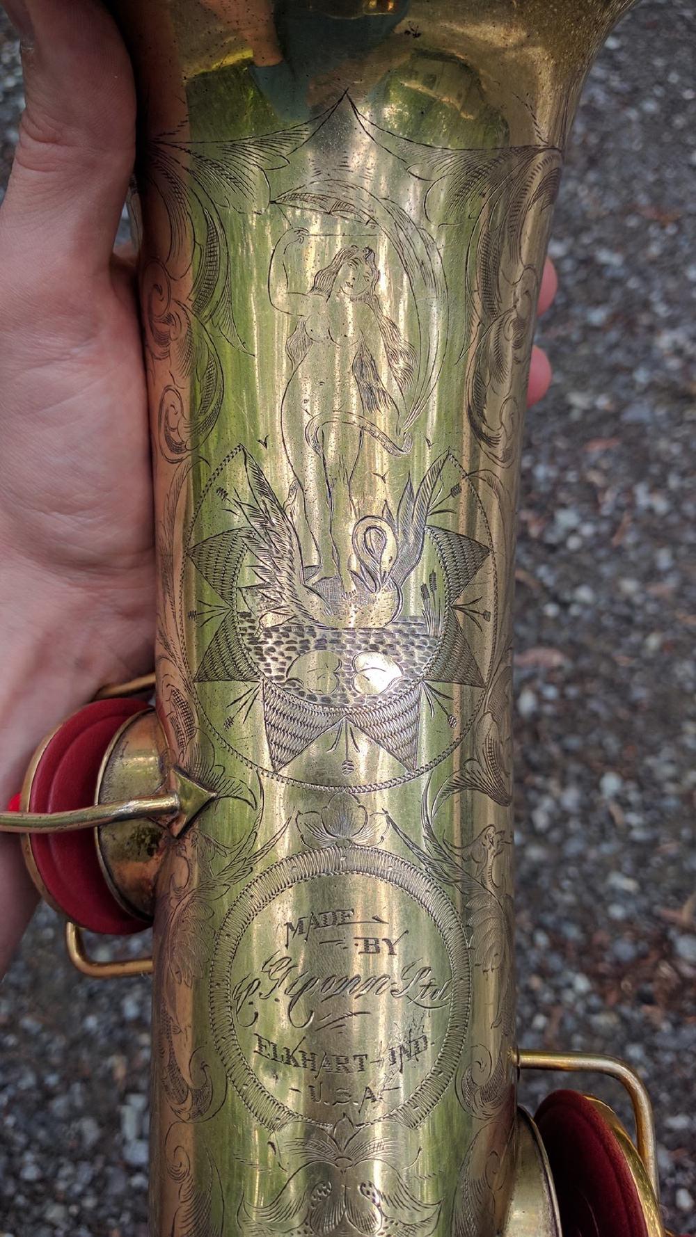 'Leda and the Swan' was a common motif on the Stenberg-engraved Conns of the teens and 20s.