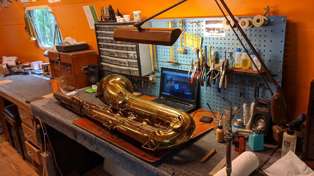 Bass sax takes up a good bit of bench space!