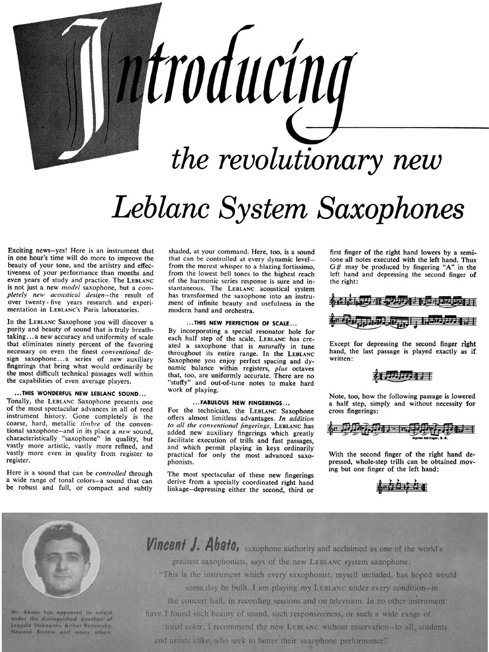 Introducing the revolutionary new Leblanc System Saxophones — 1953