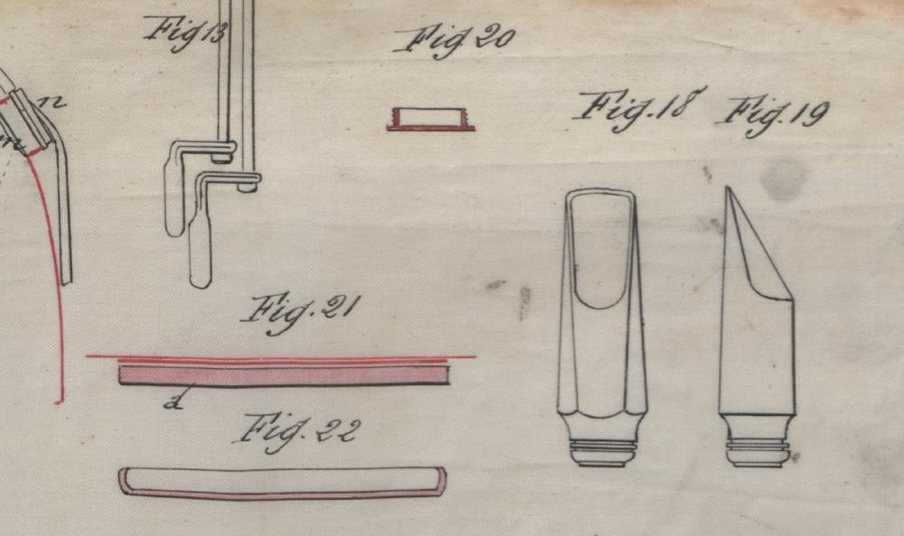 Bottom corner of Plate I: figs. 18–19, the electroplated wooden mouthpiece; figs. 21–22, the pad components and a cross section of a pad cup. Bottom corner of Plate I: figs. 18–19, the electroplated wooden mouthpiece; figs. 21–22, the pad components and a cross section of a pad cup.