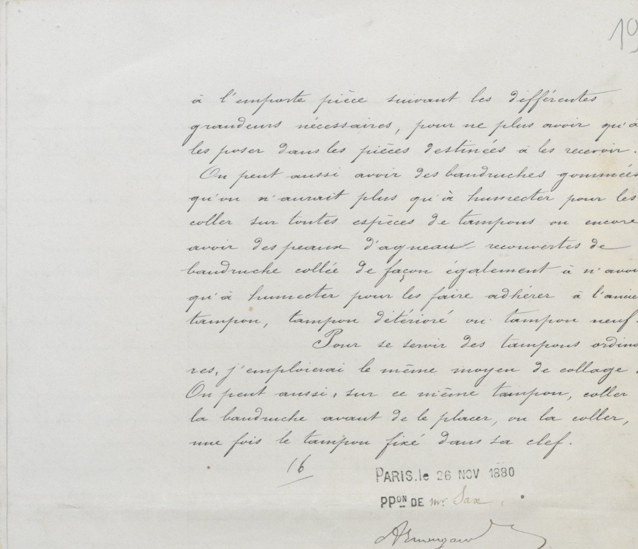 Page 19: the memoir ends, stamped PARIS, 26 NOV 1880, signed by Sax's patent agent Armengaud.