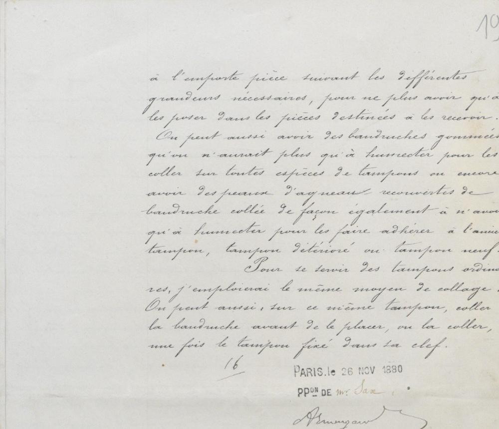 Page 19: the memoir ends, stamped PARIS, 26 NOV 1880, signed by Sax's patent agent Armengaud.