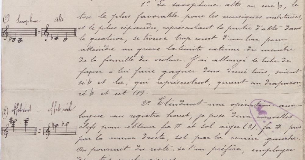 Page 3 of the memoir: the clerk's fair copy, with Sax's musical examples in the margin. Page 3 of the memoir: the clerk's fair copy, with Sax's musical examples in the margin.