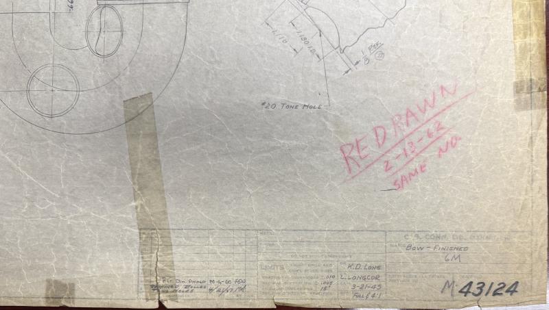 Conn factory blueprint M-43124 for the 6M finished bow, with a change log entry reading REMOVED ROLLED TONE HOLES dated 4-25-47