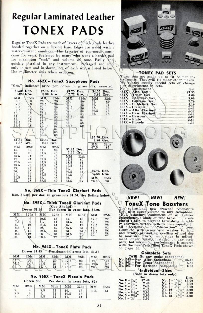 The whole page- 1949 Selmer catalog, page 31. ToneX pads and ToneX tone boosters (resonators).