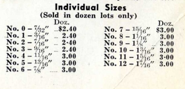 The primary source!  The full list of available ToneX Tone Boosters in a 1949 Selmer catalog, No. 0 through No. 12. Note the typo in the list: No. 1 is printed as 3/16 inch and should be 5/16 inch.