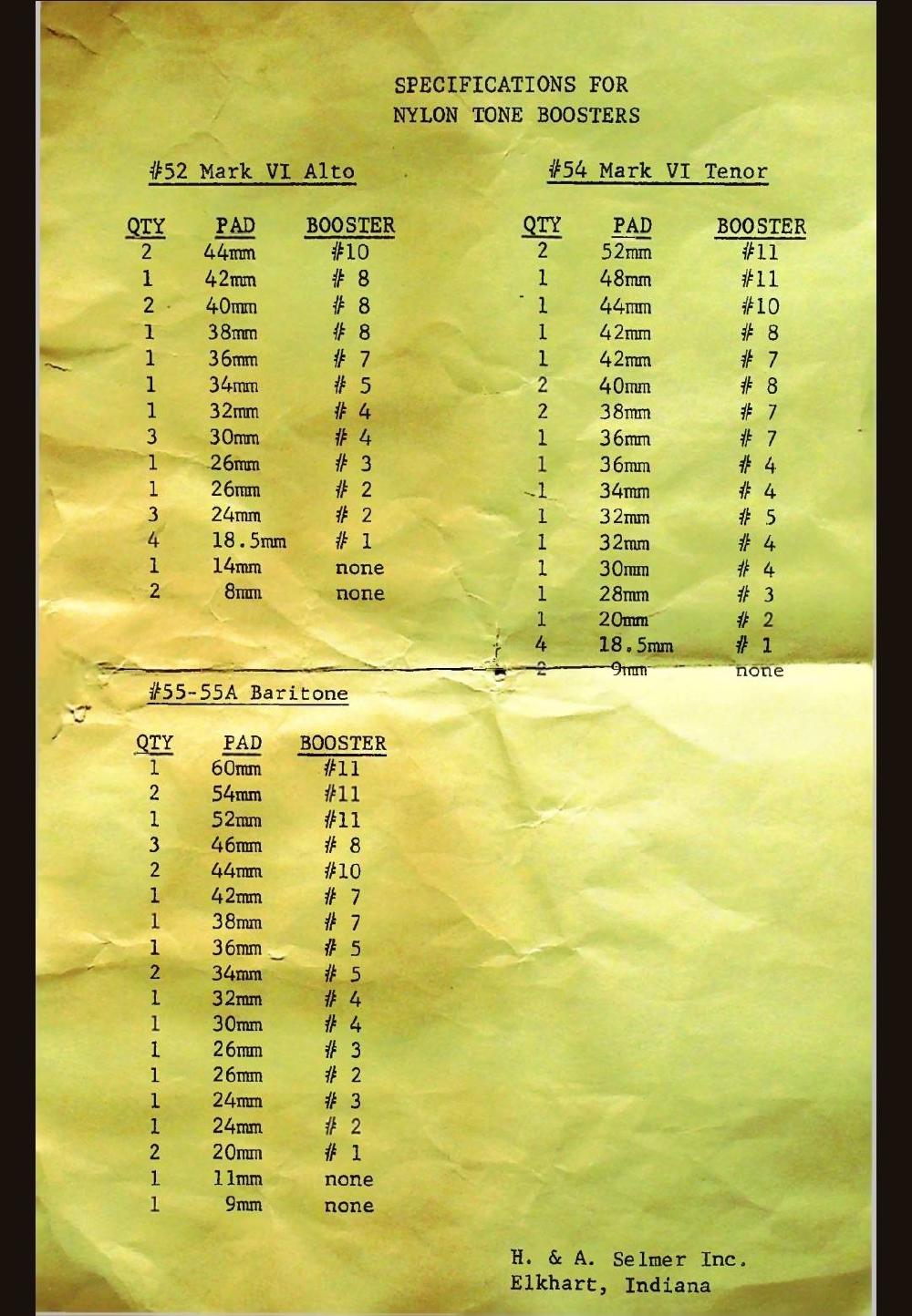 Selmer factory specification sheet for the nylon tone boosters, giving pad size and booster number for the model #52 Mark VI alto, #54 Mark VI tenor and #55-55A baritone. H. & A. Selmer Inc., Elkhart, Indiana. Courtesy of Josh Creekmore, Saxquest.