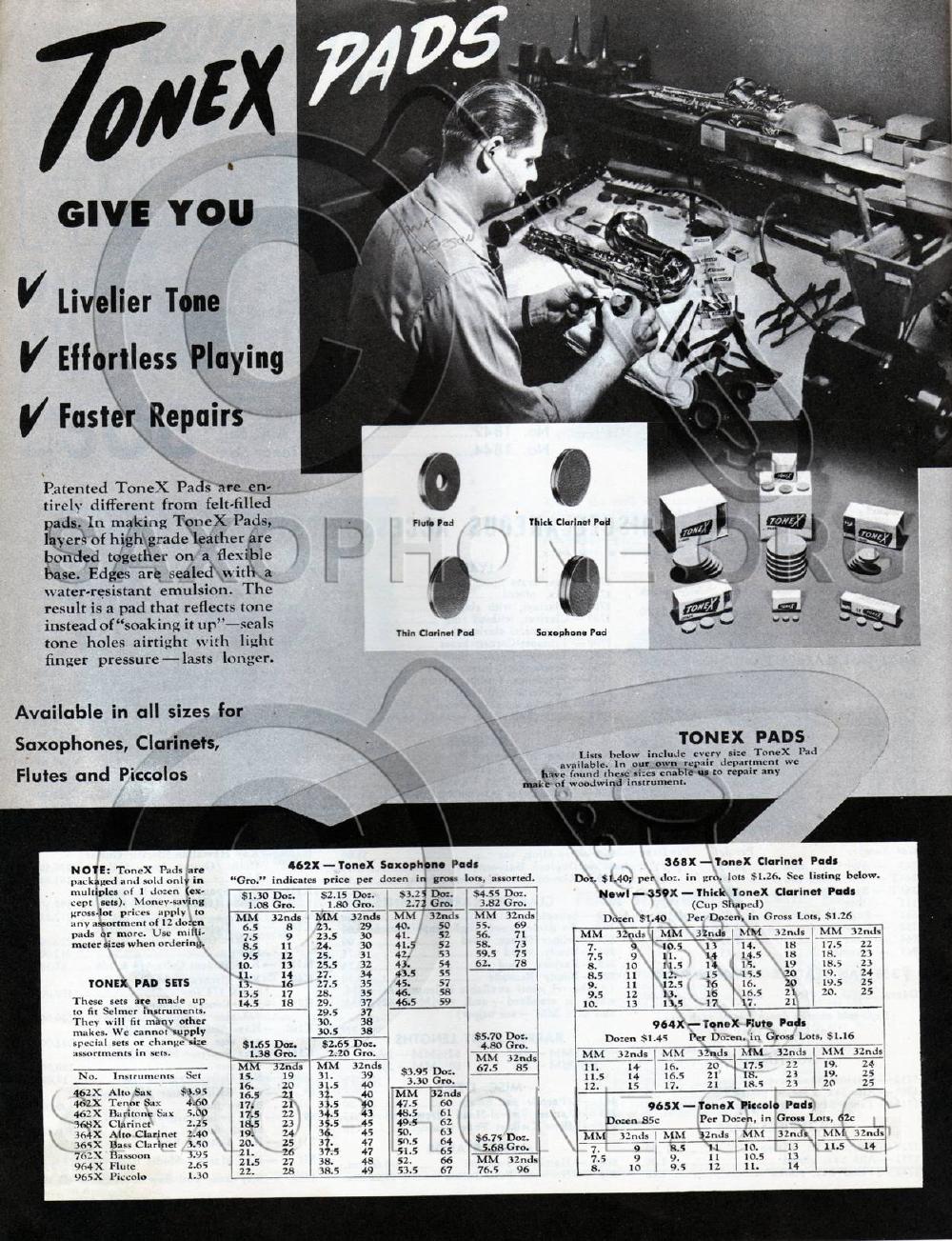ToneX Pads in Selmer Showbook No. 14, 1948, with the boxes they came in. Note this is the pad line- the boosters were a separate product. Courtesy of Josh Creekmore, Saxquest, and Saxophone.org.