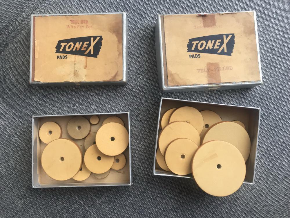 Two boxes of the “felt filled” ToneX pads, an alto set and a tenor set. I have never seen these in person, and I wonder what is different about them compared to normal pads.